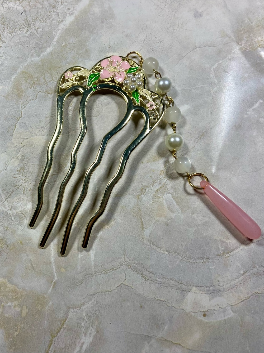 Hand Crafted Gold Floral Hair Fork with Pink and Pearl Dangle